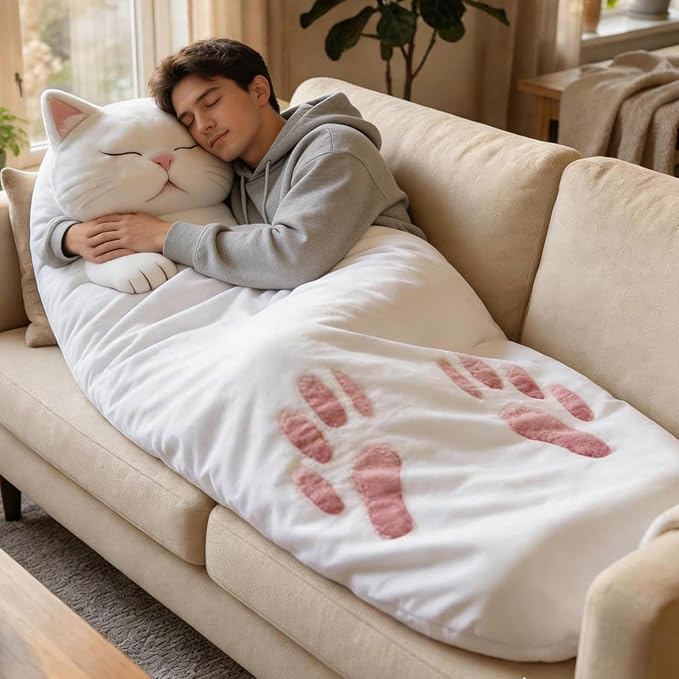 68.9 * 31.5 in Cat Sleeping Bag for Human,Fluffy Cat Sleeping Bag for Adults,Adorable Cats Envelope Sleeping Bags,Washable Warm Blanket for Camping and Home Lounging