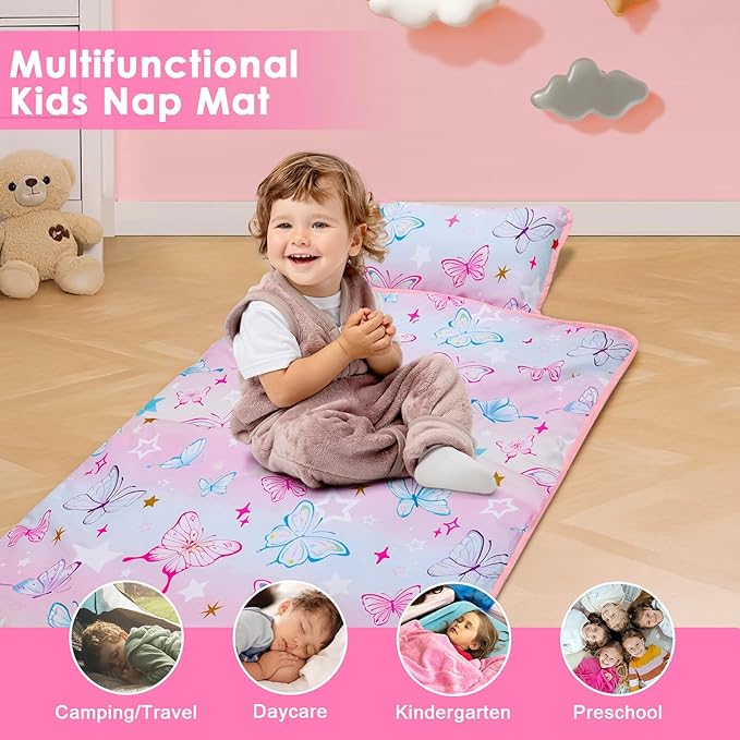 Kids Nap Mat Portable Slumber Bags with Removable Pillow and Blanket for Girls Boys, Lightweight Extra Large Sleeping Bag for Preschool Camping Daycare