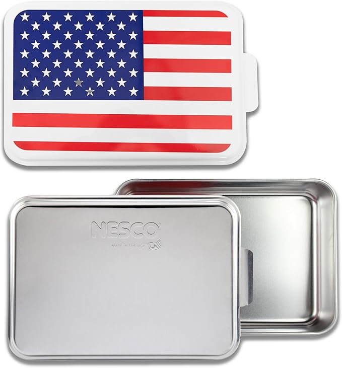 NESCO American Flag Cake Pan Bundle, USA Made, 2 Lids, Aluminum Baking Pan for Patriotic Holidays, Family Gatherings, Events, Roasting, Broiling, Camping, BBQs, and 4th of July Celebrations