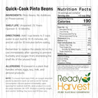 Ready Harvest Emergency Food - Quick-Cook Pinto Beans |Pre-cooked Beans, Just add hot Water | #10 Can | 25-Year Shelf Life | 3 lbs | Cans Filled to the Top