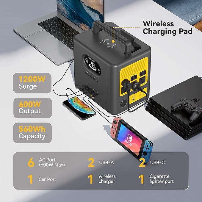 Togo POWER 600W Portable Power Station, 560Wh Solar Generator with LiFePO4 Battery, 6 AC Outlets, 100W USB-C PD, Wireless Charging & App Control for Home Backup, RV, and Outdoor Camping