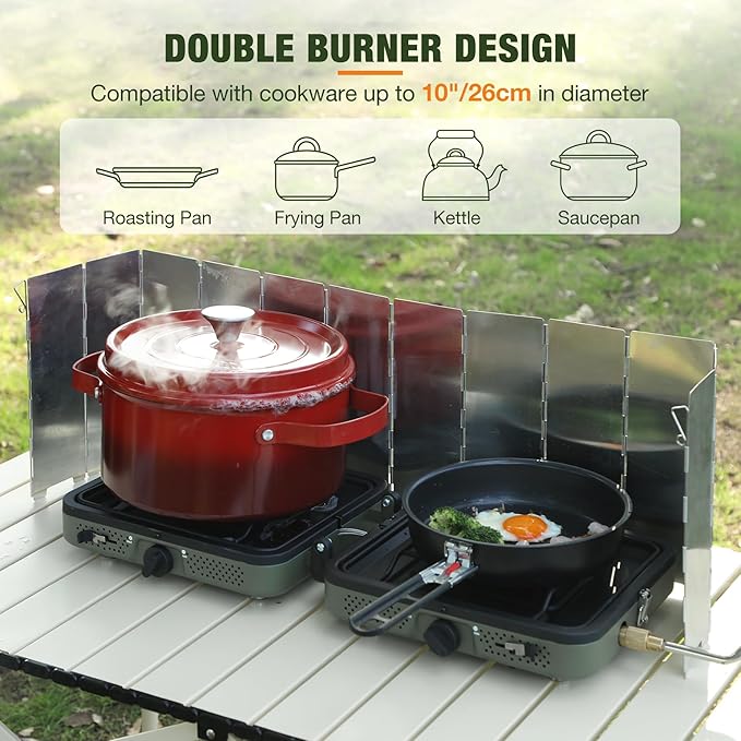 2 Burner Camping Stove with Windscreen, Portable Folding Gas Stove with 17200 BTU Adjustable Burners,12 Plates Foldable Aluminum Camping Stove Windshield, Suitable for Propane & Butane