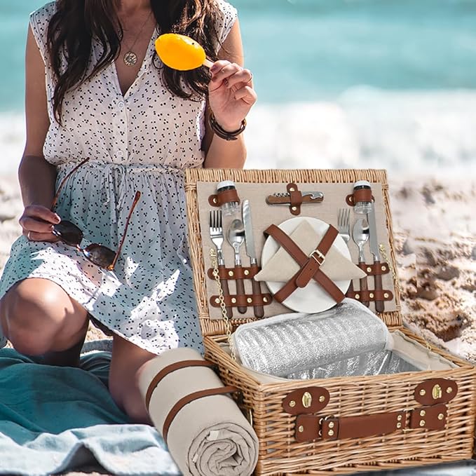Picnic Basket with Blanket and Wine Pouch for 2, Wicker Picnic Set with Insulated Liner Cooler Bag Hamper for Camping,Wedding - Natural
