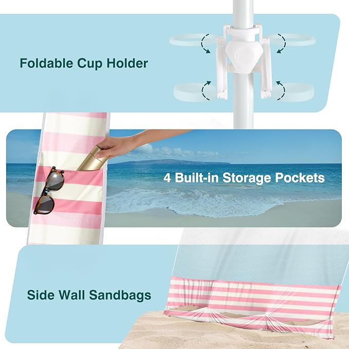 Rhino Valley Beach Cabana, 8 * 8FT Beach Tent UPF50+ Protection, Easy Setup Beach Canopy Wind Resistant with Cup Holder, Compact Beach Shade Foldable Beach Tent Sun Shelter, Pink & White Stripes