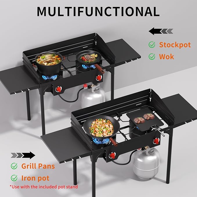 SKOK 2 Burners Portable Propane Stove with Wind Panel & Side Shelves,Portable Camping Stove with High Efficiency Propane Burner,Outdoor Stove for Camping, Backyard, Picnic