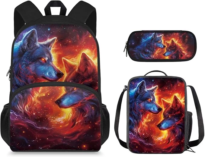 Ystardream Galaxy Wolf Backpacks for Boys 10-12 for School Backpack with Lunch Box Pencil Case 3 Pcs Set Book Bag Elemenatry Preschool Back Packs Schoolbag for Kids Boys Travel Daypack Laptop Bags