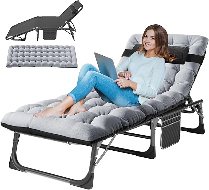 LILYPELLE Folding Outside Chaise Lounge Chair with Mattress, 5 Position Adjustable Patio Folding Lounge Chair Reclining Chairs Perfect for Sunbathing, Camping, Pool, Beach, Patio