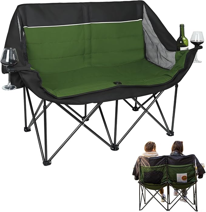 Double Camping Chair for Adults - Heavy Duty 700LB Oversized Padded Camping Loveseat, 2 Person Folding Outdoor Chair with Cup Holders for Lawn, Backyard (Green)