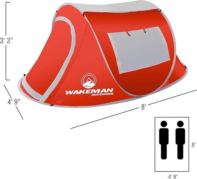 Pop-up Tent 2 Person, Water Resistant Barrel Style Tent for Camping with Rain Fly and Carry Bag, Sunchaser 2-Person Tent by Wakeman Outdoors (Red)