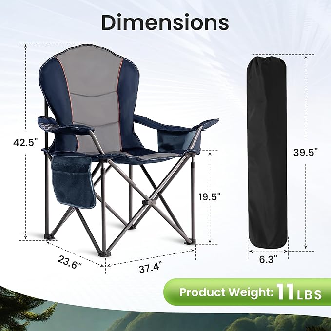 Oversized Camping Chair Heavy Duty- Portable Folding Chair, Cup Holder & Waterproof Phone Case for Adults, Beach, Hiking, Backyard (Blue & Light Gray, 1 PCS)