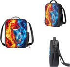 Fire and Wolf Pattern 3 PCS Backpack with Portable Lunch Box and Sturdy Pencil Case, School 3 Set Boys School Book Bag for Travelling Camping Picnic Activities