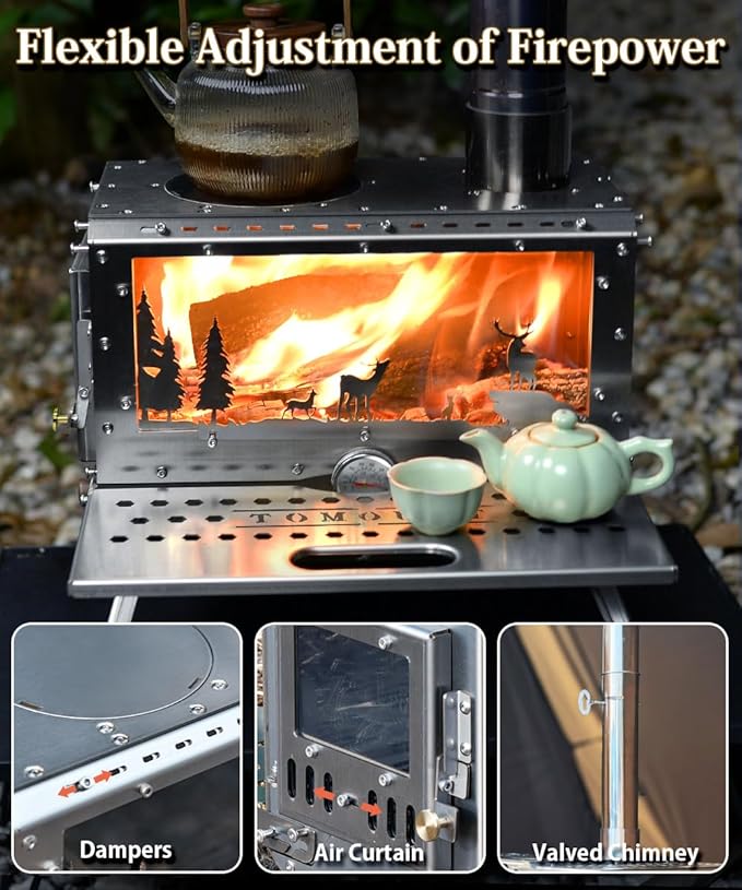 TOMOUNT Hot Tent Stove,Wood Stove with 7 Chimney Pipes,304 Stainless Camping Tent Stove with Spark Damper, Wood Burning Stove for Cooking and Heating，with heat-resistant Glass Window