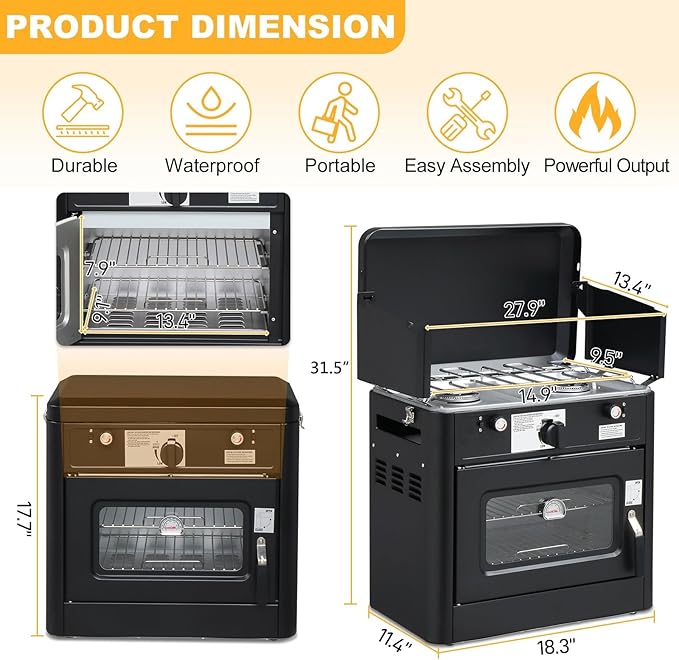 Bonnlo 2-in-1 Camping Oven & Portable Gas Stove Combo with 3-side Windscreen, Powerful 19,800 BTU Propane Oven with One-click Ignition, Heat-resistant Coating & Thermometer for Outdoor Use, Black