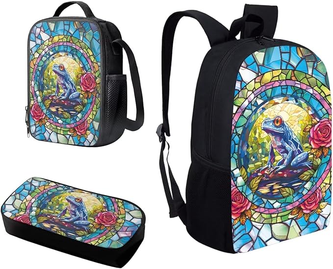 Horeset Trippy Frog Print Backpack for Kids Bookbag Casual Pencil Bag Picnic Lunch Bag Set of 3, Middle School Satchel Laptop Bags for Sports Travel Camping