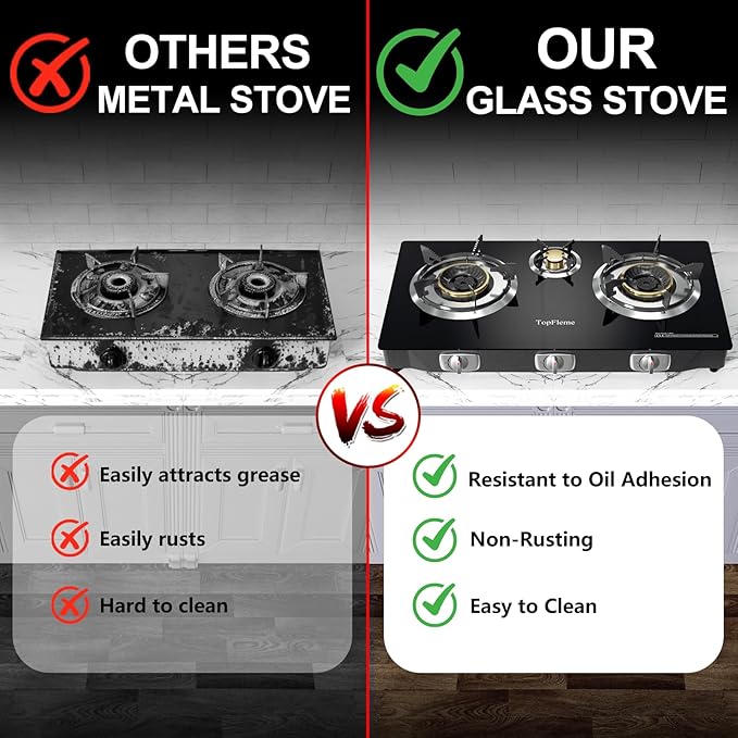 3 Burner Propane Stove 32,300 BTU High-Efficiency Tempered Glass Auto-Ignition Gas Burner Stove Top with CSA Hose for Outdoor RV Camping Emergency Cooking