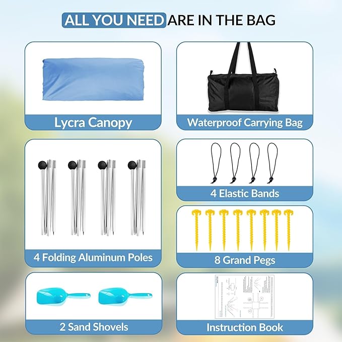 Gardentime Beach Tent Canopy with 8 Sandbags 4 Aluminum Poles, Pop Up Portable Camping Sun Shelter, Easy Set Up with 2 Sand Shovel, Ground Pegs, Carrying Bag for Outdoor Beach,Picnic, Fishing