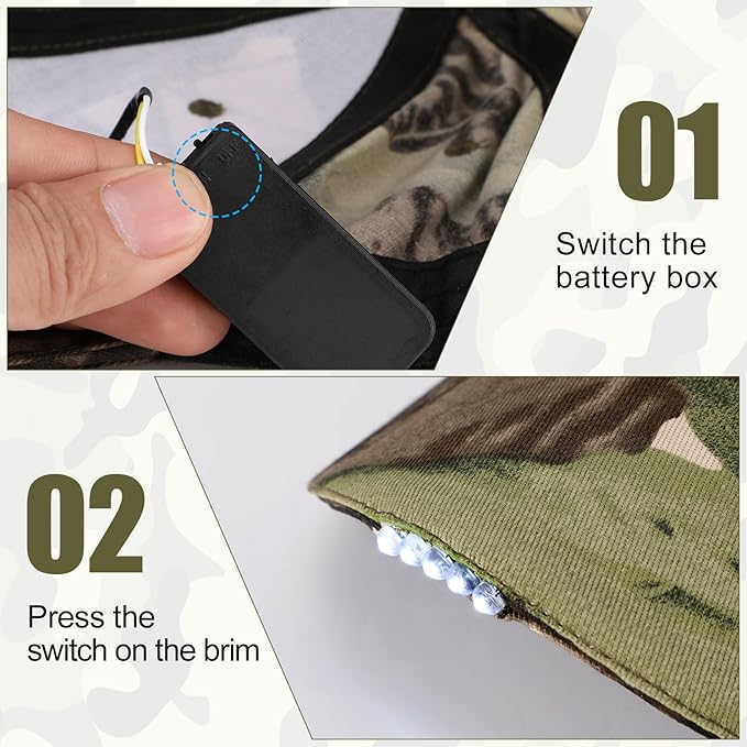 Coume Baseball Cap with Light Rechargeable LED Hat with USB Cable and Battery, Full Cotton Adjustable Headlamp Hat for Fishing Jogging Camping Hand Work(Camouflage)