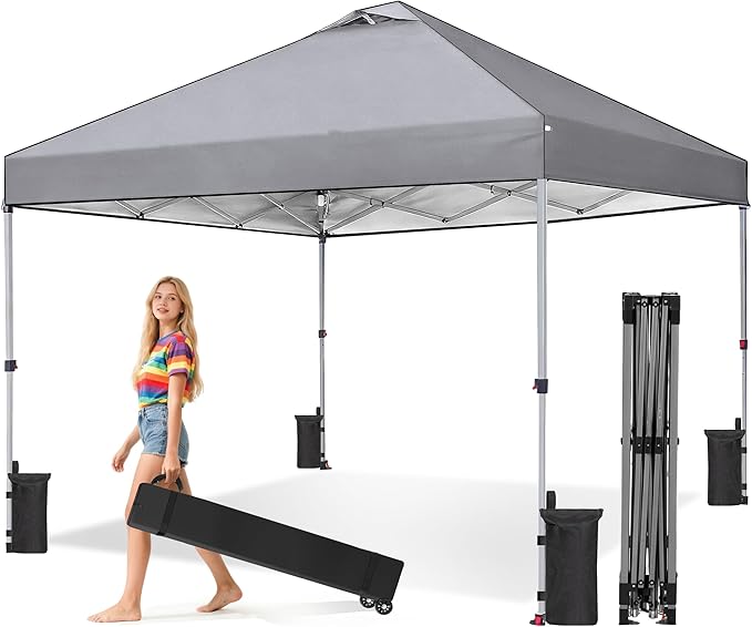 OLIXIS 10x10ft Pop Up Canopy Tent, Heavy Duty 1-Person One Push Setup, Portable Outdoor Shelter for Beach, Events, Camping Includes Rolling Carry Bag, Grey