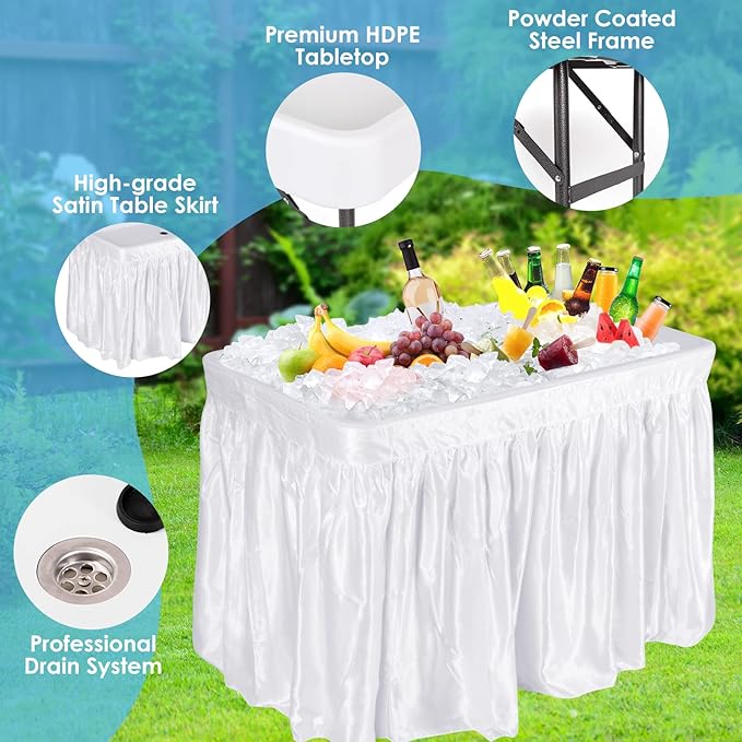KOTEK Folding Ice Cooler Table with Matching Skirt, Drain Hose & Bucket, Foldable Buffet Beverage Cooler Server, Portable Chill Table for Party, Picnic, BBQ, Camping (White)