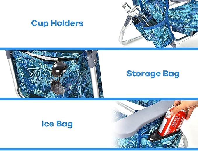 Goplus Beach Chair, Folding Backpack Beach Chairs for Adults with 5 Positions, Head Pillow, Cooler Bag, Towel Bar, Cup Holders, Sunbath Sling Tanning Lounge, Foldable Layout Camping Chairs