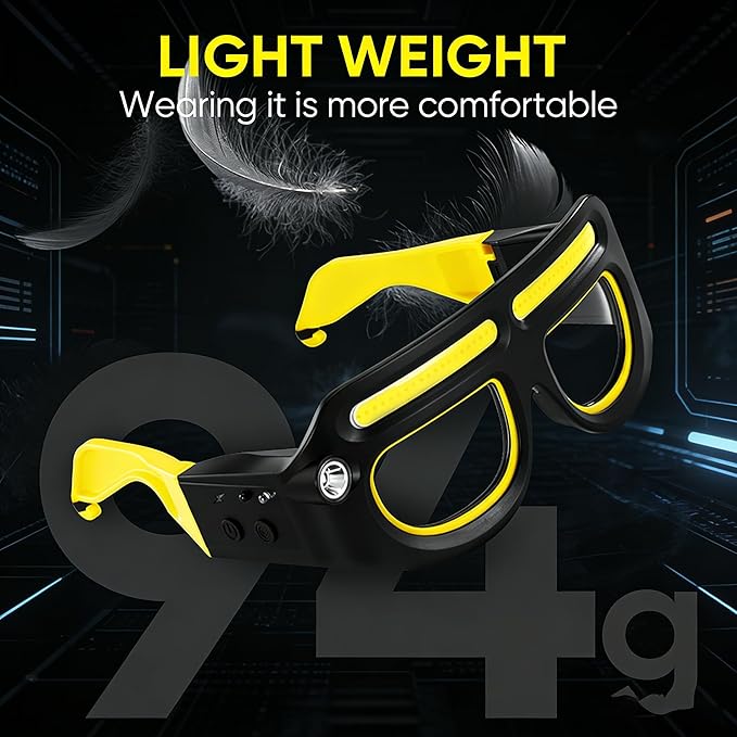 LED Rechargeable Headlight Glasses with Motion Sensor & Touch Control, Safety Glasses with Lights 5 Modes USB C Light Up Glasses for Outdoor Running Camping Hiking Work (Yellow-1)
