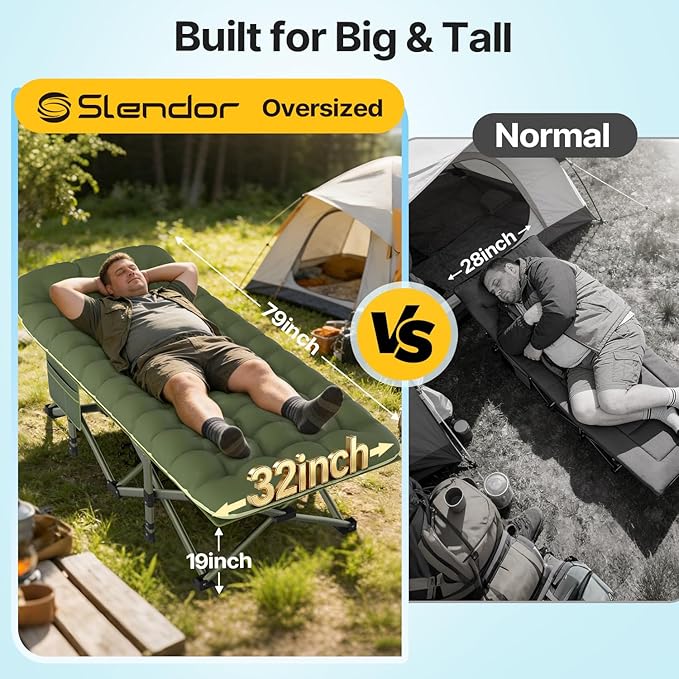 Slendor XXL Folding Camping Cot for Adults with Mattress Pillow Carry Bag, 32 inch Extra Wide Portable Sleeping Cot, 900LBS Support Outdoor Cot Bed for Office Nap Beach Travel RV