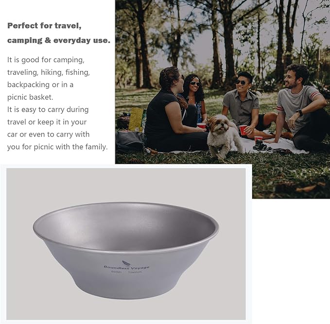 Boundless Voyage Ultralight Titanium Bowl Pan Plate Dish with Carry Bag Outdoor Camping Portable Tableware Cookware (Ti15164B (600ml Bowl))
