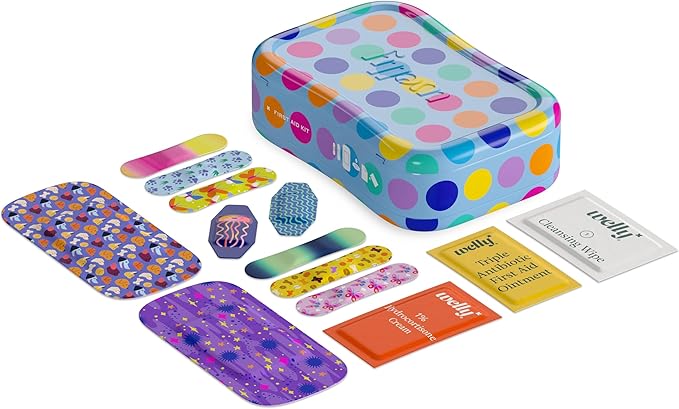 Welly First Aid Kit - FSA Eligible - Adhesive Bandages in Flexible Fabric and Waterproof, Single Use Ointments (Triple Antibiotic, Cleansing Wipes and Hydrocortisone) - 70 Count