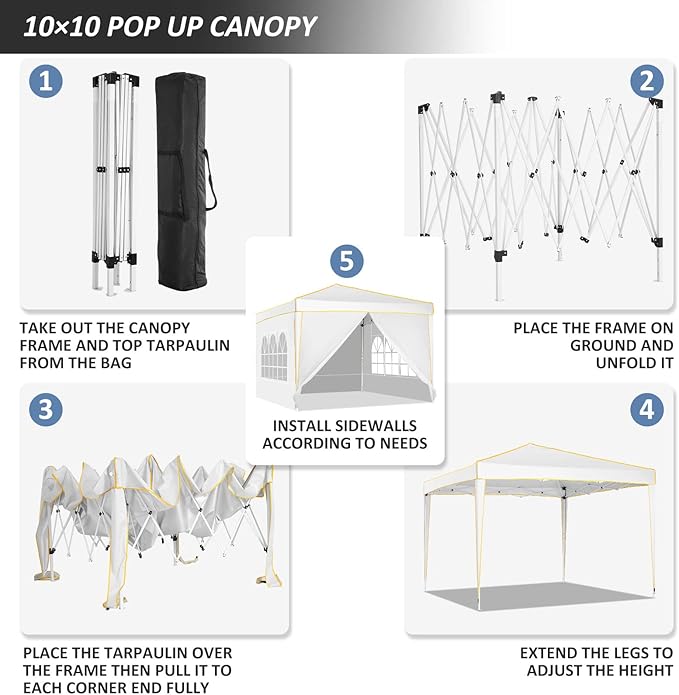 COBIZI 10x10 Pop up Canopy, Canopy Tent 10x10 Gazebos, Ez up for Parties Beach Camping Party Event Shelter Sun Shade with 4 Sidewalls & Carry Bag 4 Stakes & Ropes & Sandbags, White