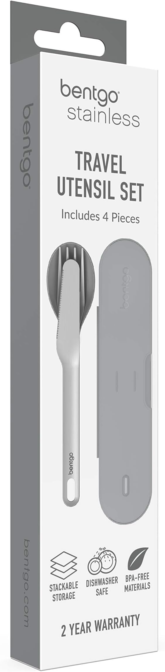 Bentgo Stainless Travel Utensil Set - Reusable 3-Piece Silverware Set with Carrying Case, High-Grade Premium Steel, BPA-Free Case, Eco-Friendly - Ideal for Travel, Camping, and Office Use (Gray)