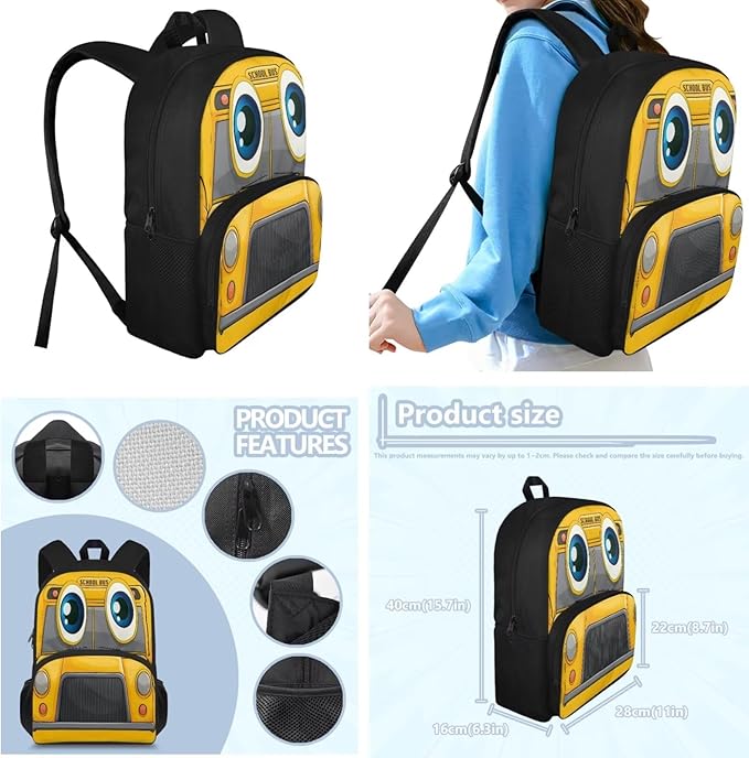 Cute Yellow Bus Schoolbag Kids Bookpack Set with Lunch Bag and Pencil Case Teens Boys and Girls Cartoon Laptop Bookpack School Bag Set for Elementary Middle Student 3 in 1