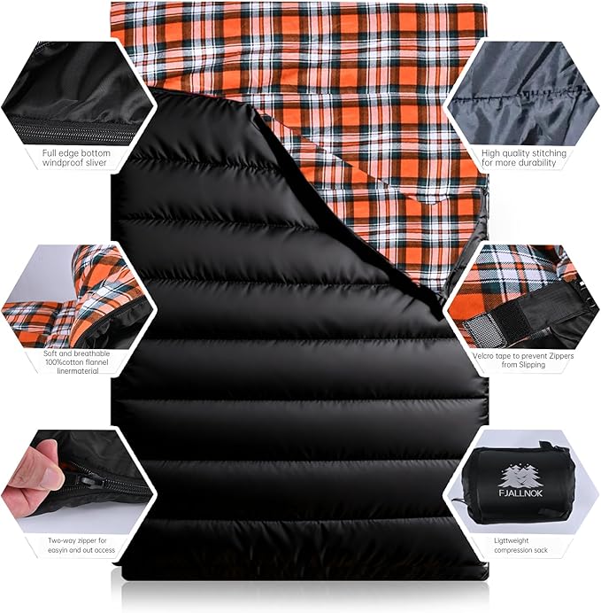 Double Sleeping Bag Cotton Flannel for Camping, Backpacking Or Hiking. Queen Size 2 Person Waterproof Sleeping Bag for Adults Or Teens. Lightweight with Compression Sack