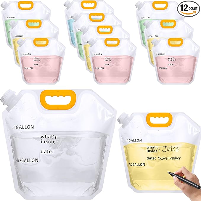 Tessco for you 12 Pack 1.3 Gallon Collapsible Water Storage Bag Water Container Emergency Jug Plastic Storage Pouch Freezable Carrier Tank Foldable Bottle for Outdoor Sport Camping (Clear with Scale)
