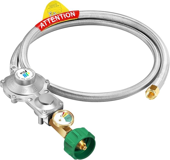 GasSaf 5FT 2 Stage Propane Regulator with Hose, Dual-Stage Propane Regulator with Gauge Suitable for RV, Generator, Camp Stove, Gas Grill, and Heater - CSA Certified
