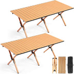 Suzile 2 Pack Foldable Camping Table 4ft Portable Lightweight Picnic Table Collapsible Roll up Metal Camp with Carry Bag for Camping, Picnic, Patio, Outdoor Party(Yellow Wood Color)