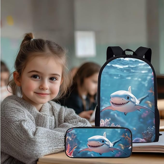Shark Backpack for Boys With Lunchbox 3 Piece Backpack Set 17 Inch Soft Zipper Pencil Case Kindergarten Elementary Middle Travel Backpacks for Kids Mochilas Escolares Para Niños