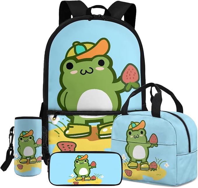 School Backpack for Boys 4 Pcs Kids Backpack with Water Bottle Bag Large Capacity Pencil Case Frog Schoolbag for Travel Camping Kindergarten Elementary Middle Backpacks for Back to School