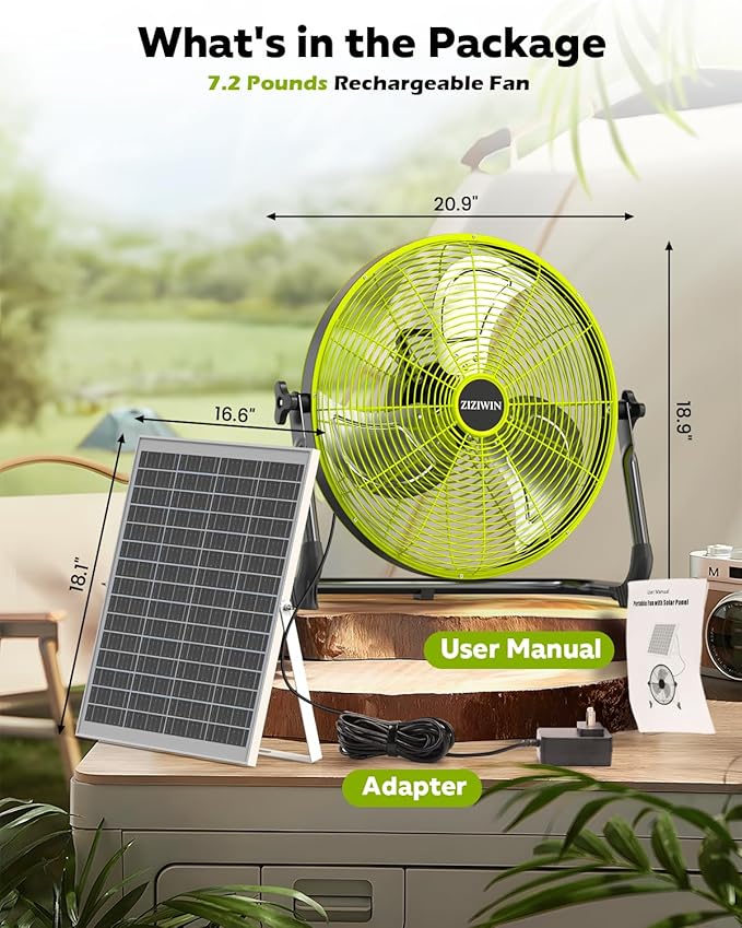 18" Solar Fan, 35W Solar Powered Cordless Greenhouse Fan with Rechargeable Battrey, Portable, 360° Tilt, 8~60H Runtime, for Outdoor Camping Gazebo Chicken Coop Patio Travel Shed Barn