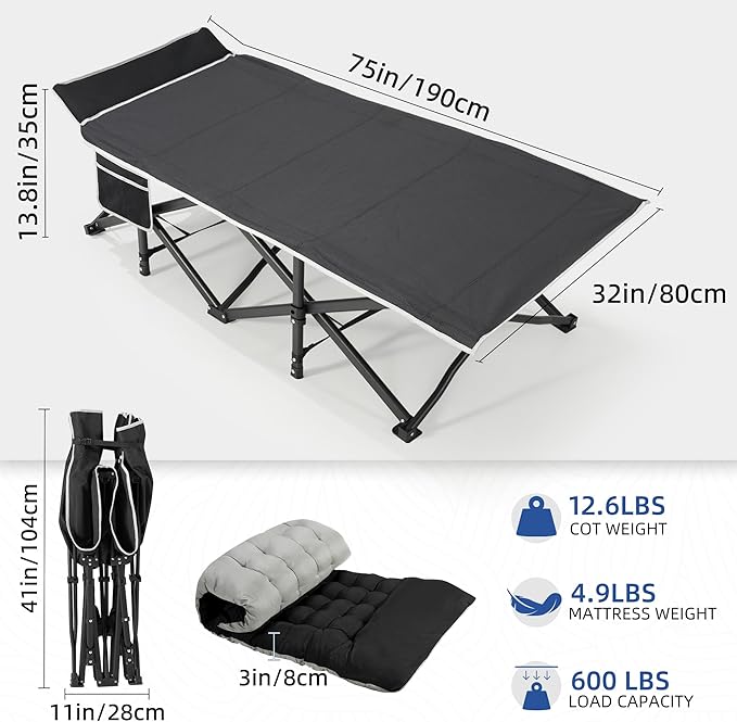 HABUTWAY Camping Cot with Mattress, 32" Extra Wide Camping Cots for Adults, Sleeping Cot for Adults Holds Up to 602LBS, Cots for Sleeping, Camp, Rv, Beach, Patio, Office Naps, 2PCS (Black)