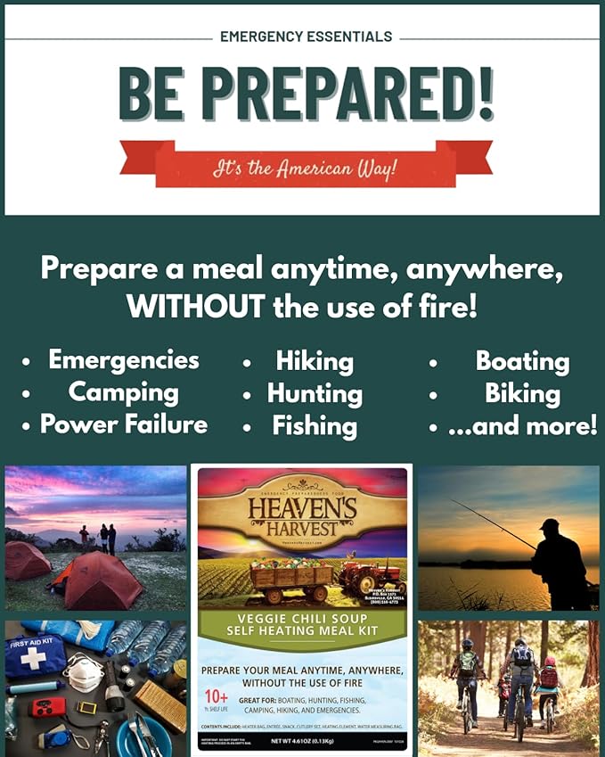 Heaven's Harvest Self-Heating Emergency Meal Kit (10 Year Shelf Life) — Tastier than MRE Meals & Ready-To-Eat in Minutes! Just add water to activate the “cooking” process. (Veggie Chili) (6-Pack)