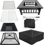 ZENY 32 inch Outdoor Fire Pit with Grill for Outside Wood Burning, Square Metal Outside Fireplaces, Spark Screen and Poker Included for Backyard Patio Camping Bonfire