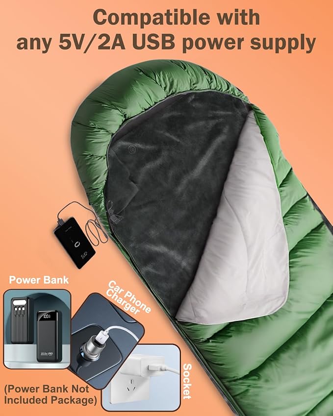 Heated Sleeping Bag Liner for Camping - Heated Blanket for Camping Portable Heating Sleeping Bag Pad 3 Adjustable Temperature Levels with 9 Heating Zones for Cold Weather Backpacking or Hiking