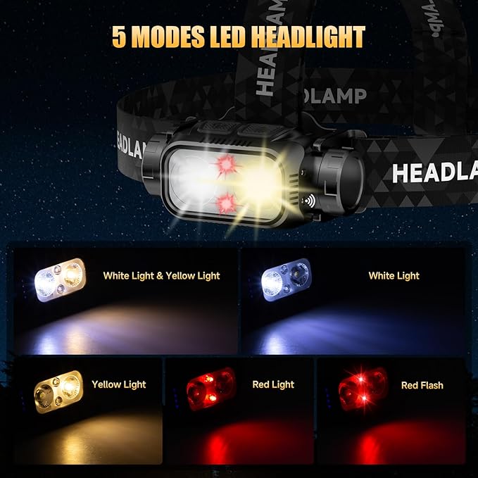 Rechargeable Headlamp for Adults & Hiking, 3 Pack Lightweight & Waterproof Super Bright led Head Lamp with Red Light, Motion Sensor, 5 Modes, 90° Adjustable, Headlamps for Camping, Running