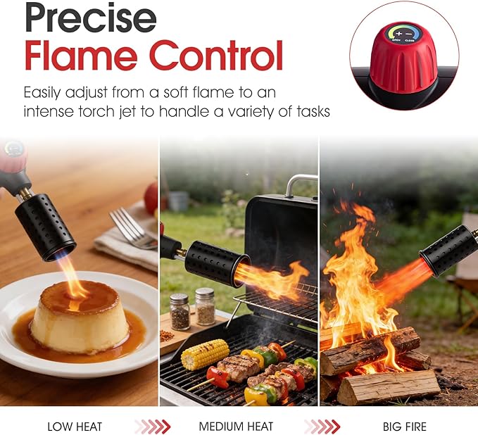Propane Torch Gun, Adjustable Propane Flame Thrower Gun with Safety Lock, Powerful Propane Fire Starter Blow Torch for Camping Grill, Cooking, Campfire & Charcoal Lighting,Tank Not Included, Black
