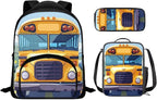 School Bus School Backpack for Boys 6-8 Kindergarten Book Bag with Lunch Box and Pencil Pouch Casual Daypack Laptop Backpacks Camping Travel Outdoor Kids Shoulder Bag