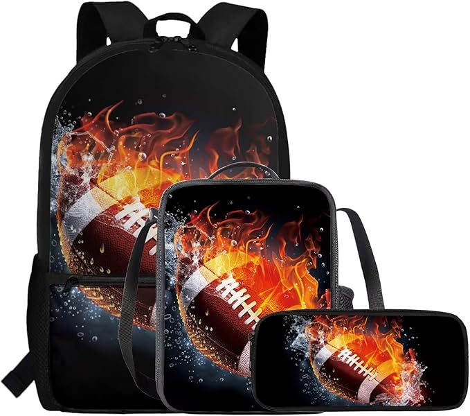 Rnyleeg Fire American Football Backpack for Boys with Lunch Box Novelty Elementary School Bag Set Lightweight Bookbag Set of 3 for Kids Back to School Gifts