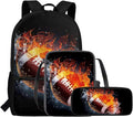 Rnyleeg Fire American Football Backpack for Boys with Lunch Box Novelty Elementary School Bag Set Lightweight Bookbag Set of 3 for Kids Back to School Gifts