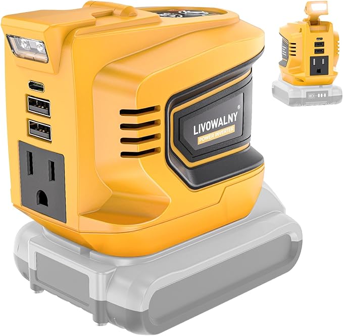LIVOWALNY 200W Power Inverter Compatible with DeWALT 20V Battery, DC 20V to AC 110-120V Power Station with 1 AC Outlet, 2 USB, 1 Type-C & LED Light, for Camping Power Outage (No Battery)