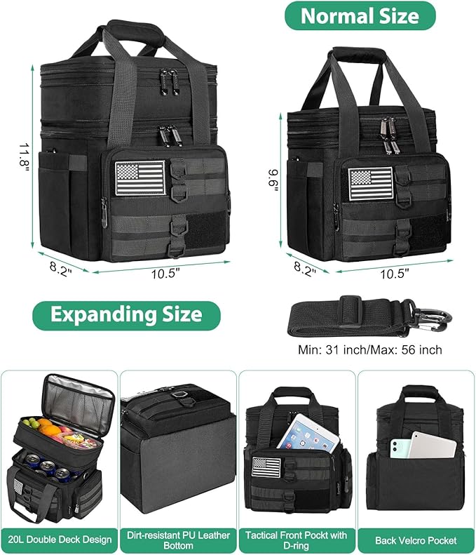 Tactical Lunch Box for Men, Large Insulated Lunch Bag for Adult, Heavy Duty Double Deck Expandable Lunch Cooler Bag with American Flag, Leakproof Soft Lunch Pail for Work Office Camping - Black