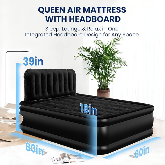 Queen Air Mattress with Headboard, Built-in Pump, 800 lbs Support, Quiet Noiseless Design, 48-Hour Leak-Tested, 3.5 Min Fast Inflation, Portable Blow Up Bed with Carry Bag for Home, Guests & Camping